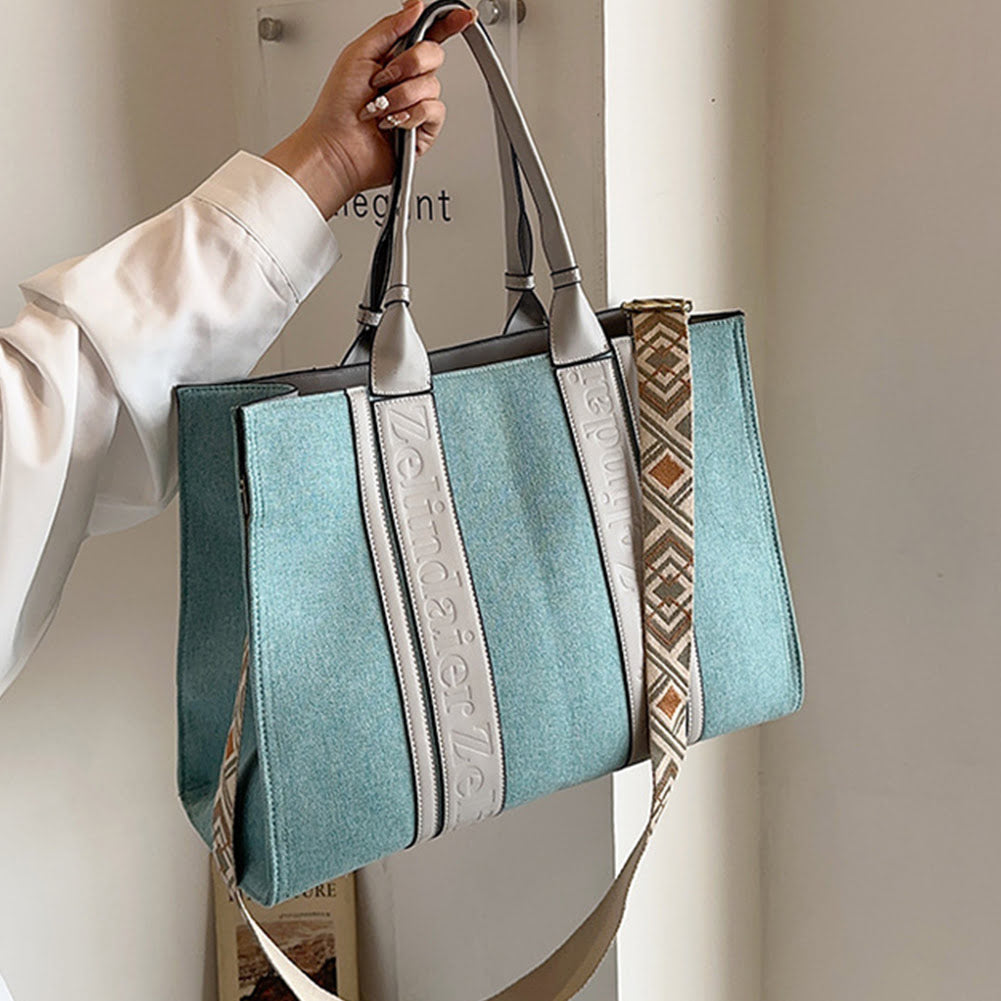 Trendy Canvas Contrast Large Capacity Commuter Tote