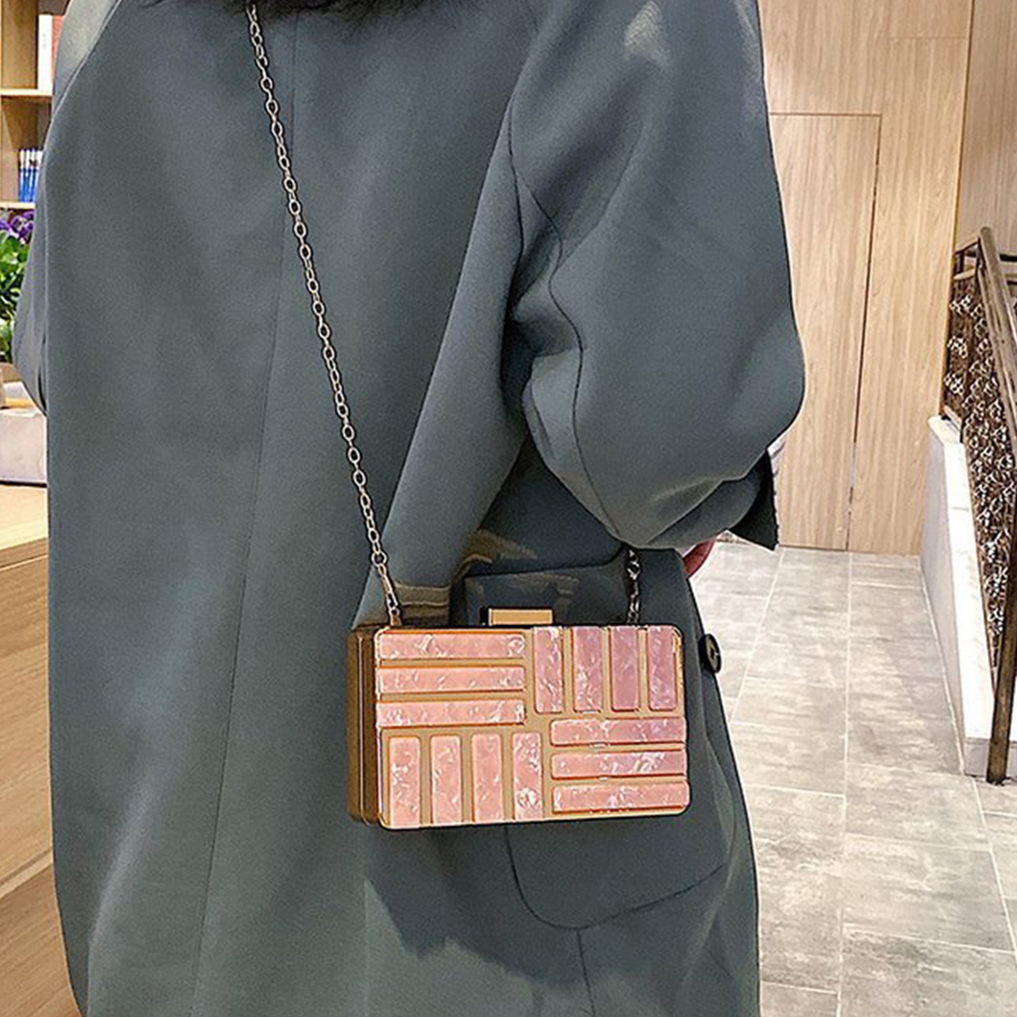 Metallic Glitter Acrylic Chain Clutch Evening Bag