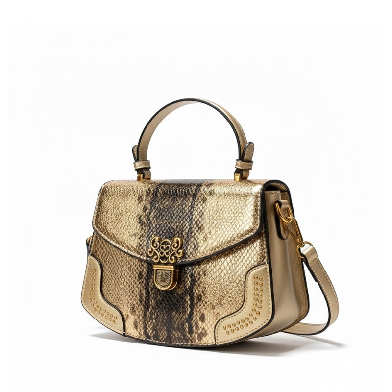 Luxe Snake Embossed Ornate Buckle Handbag