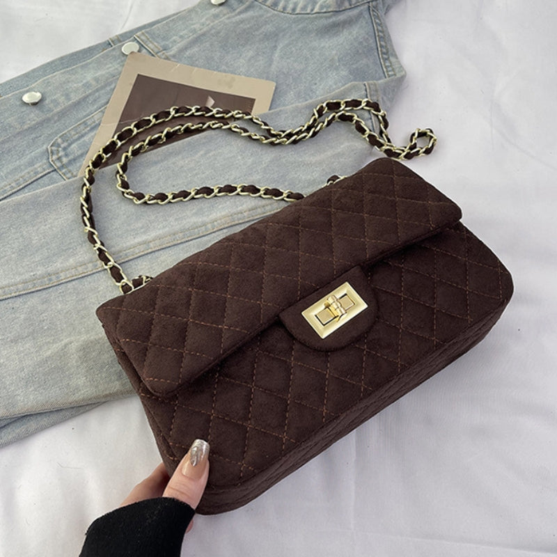 Elegant Quilted Suede Chain Crossbody Bag