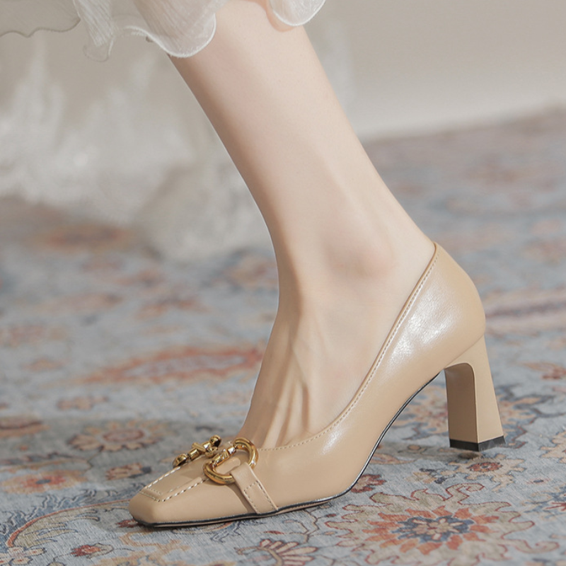 French Retro Square Toe Chunky Heel Pumps