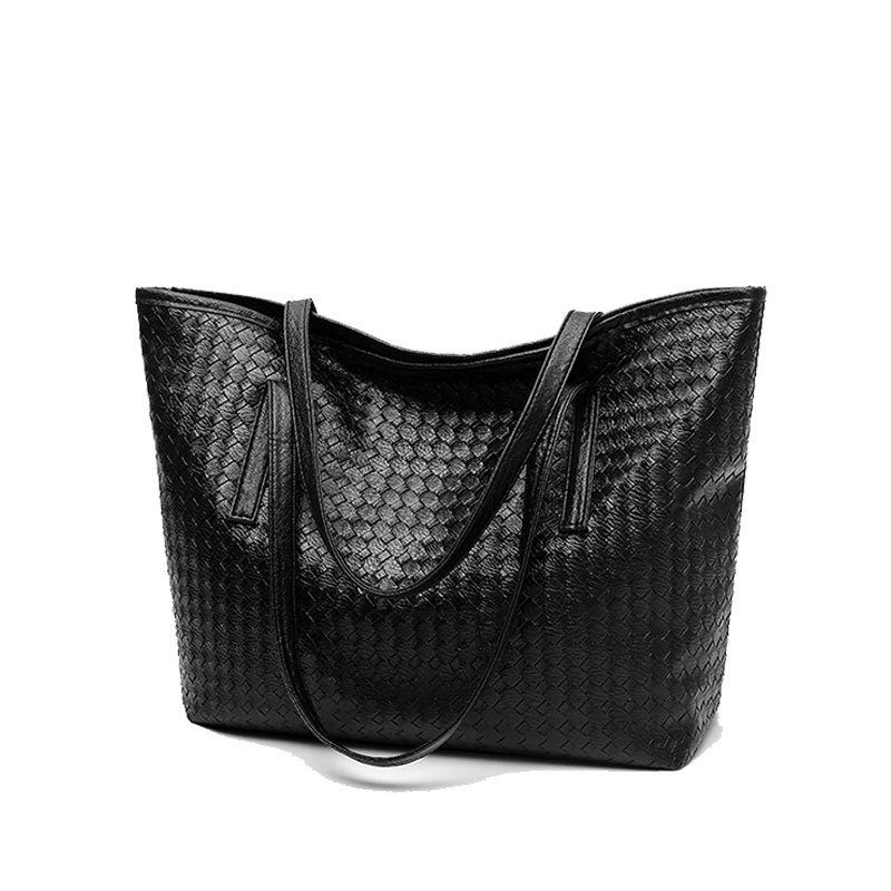 Solid Woven Shoulder Tote Bag