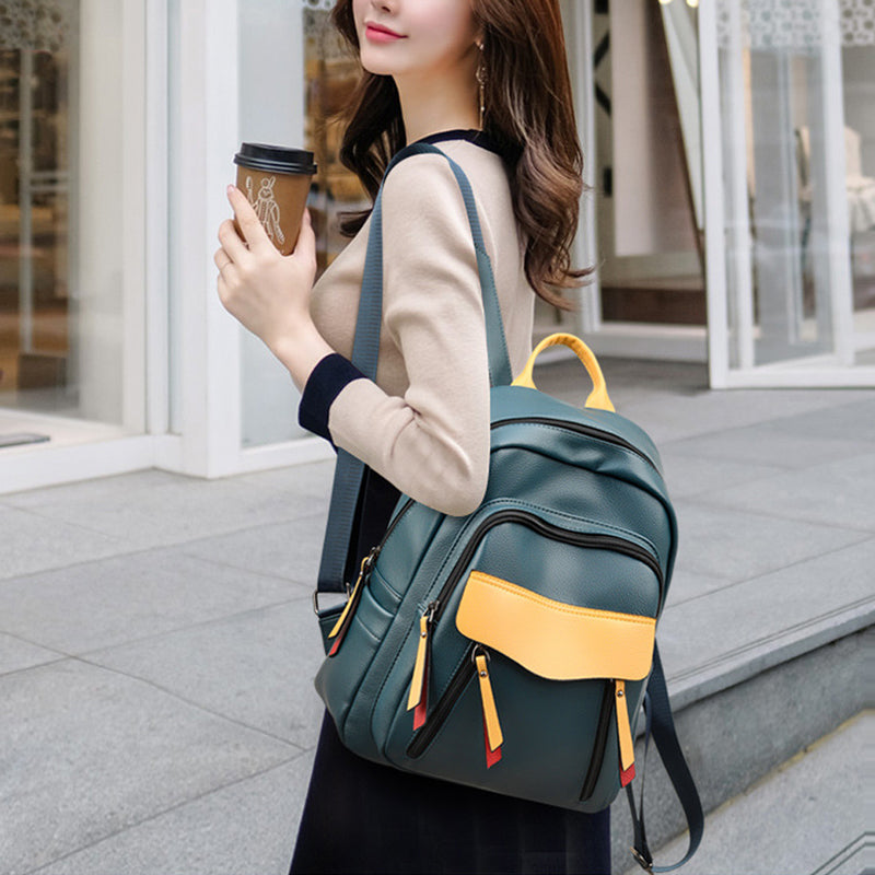 Contrast Color Soft Leather Travel Backpack