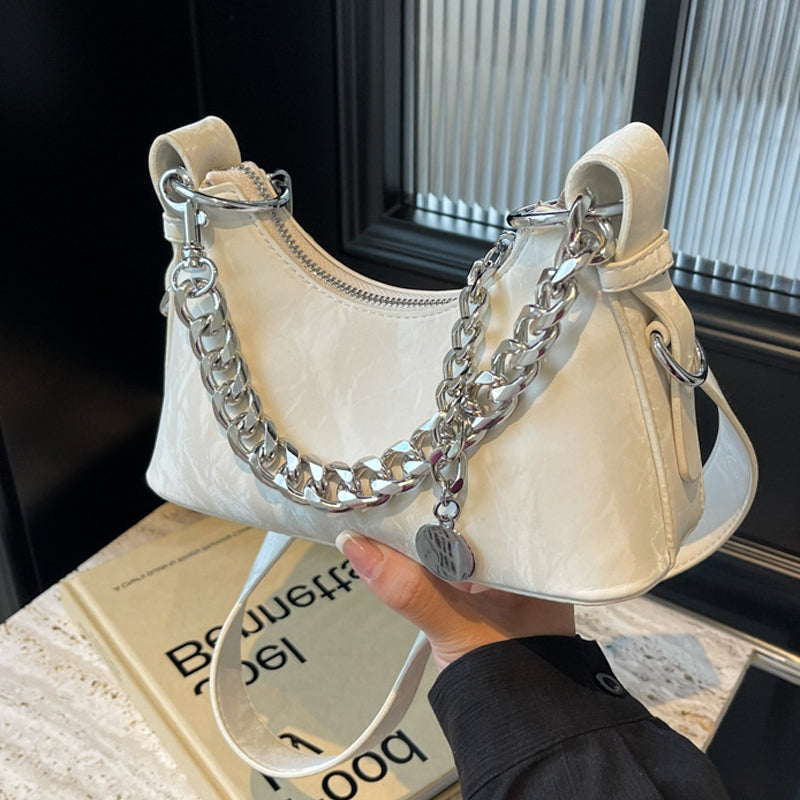 French Textured Underarm Bag with Chain Strap