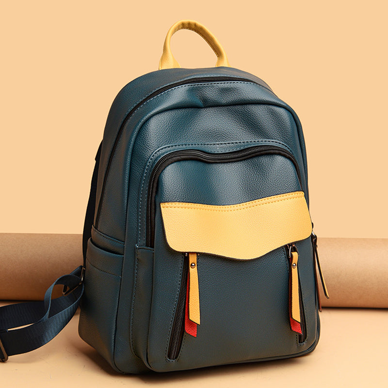 Contrast Color Soft Leather Travel Backpack
