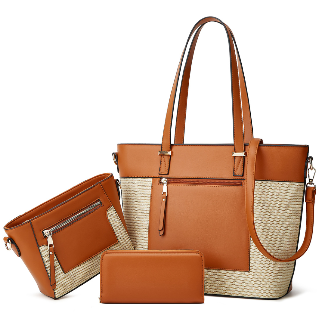 Straw Woven Three-Piece Tote and Messenger Bag Set