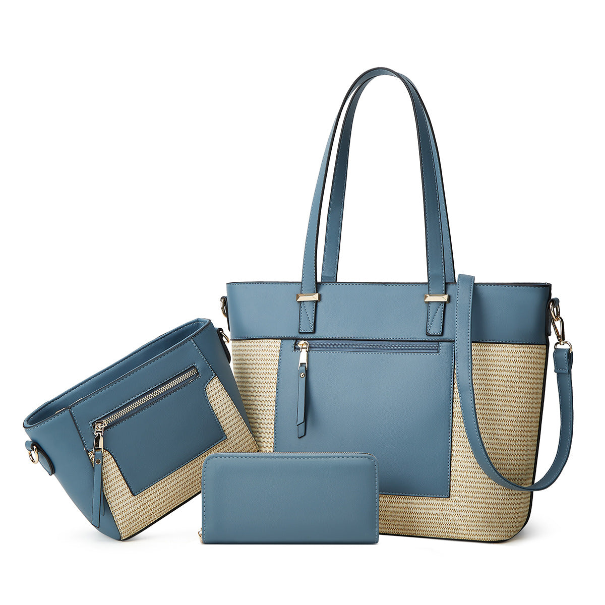Straw Woven Three-Piece Tote and Messenger Bag Set