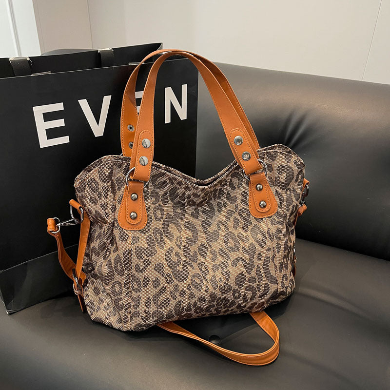 Leopard Print Contrast Large Winter Tote Bag