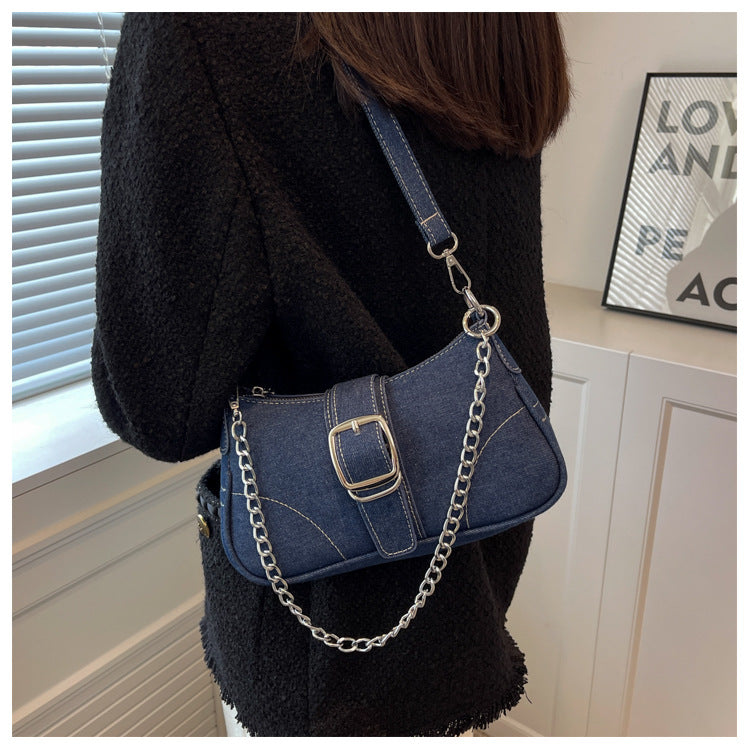 European Denim Chain Shoulder Baguette Bag