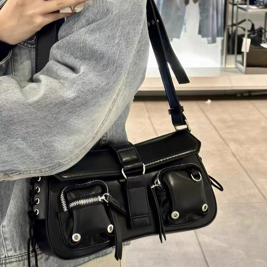 Hot Girl Textured Motorcycle Baguette Shoulder Bag