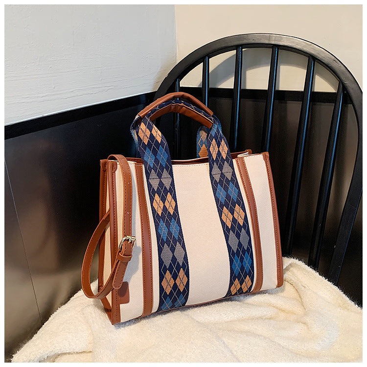 Autumn Contrast Color Canvas Commuter Shoulder Tote