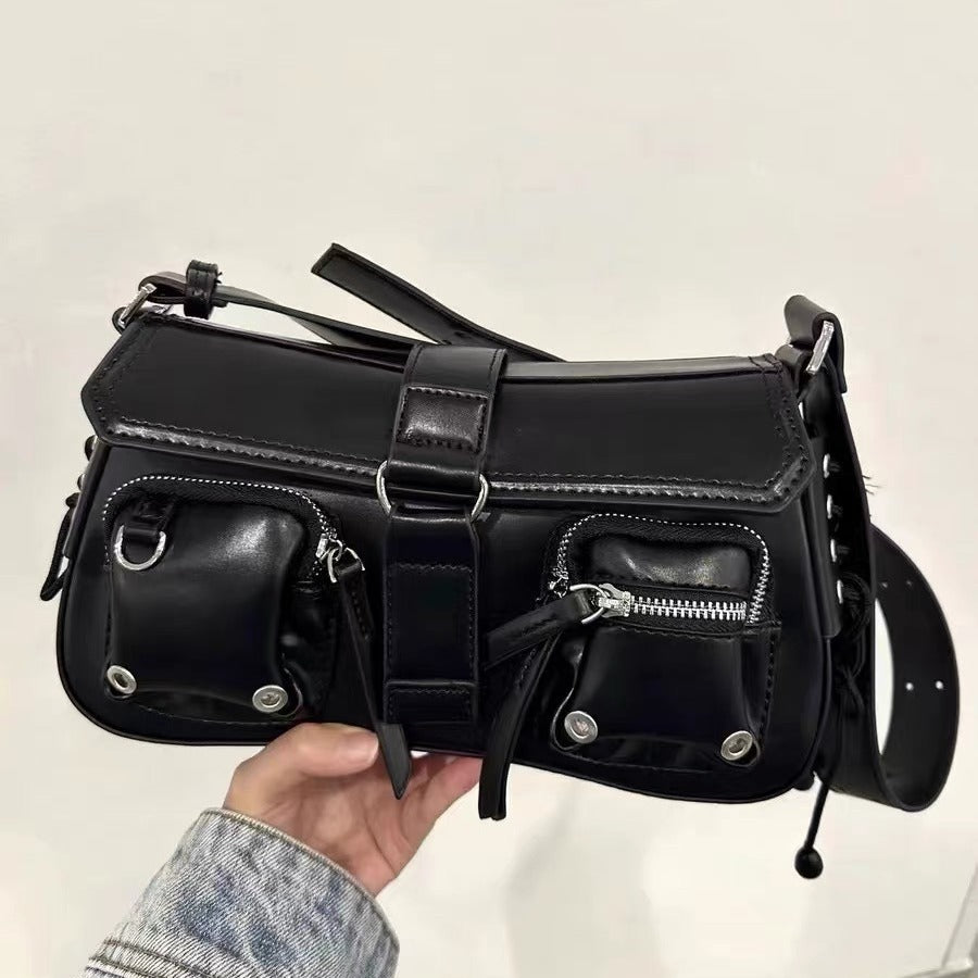 Hot Girl Textured Motorcycle Baguette Shoulder Bag