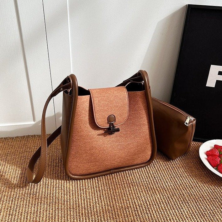 French Contrast Stitch Bucket Shoulder Messenger Bag