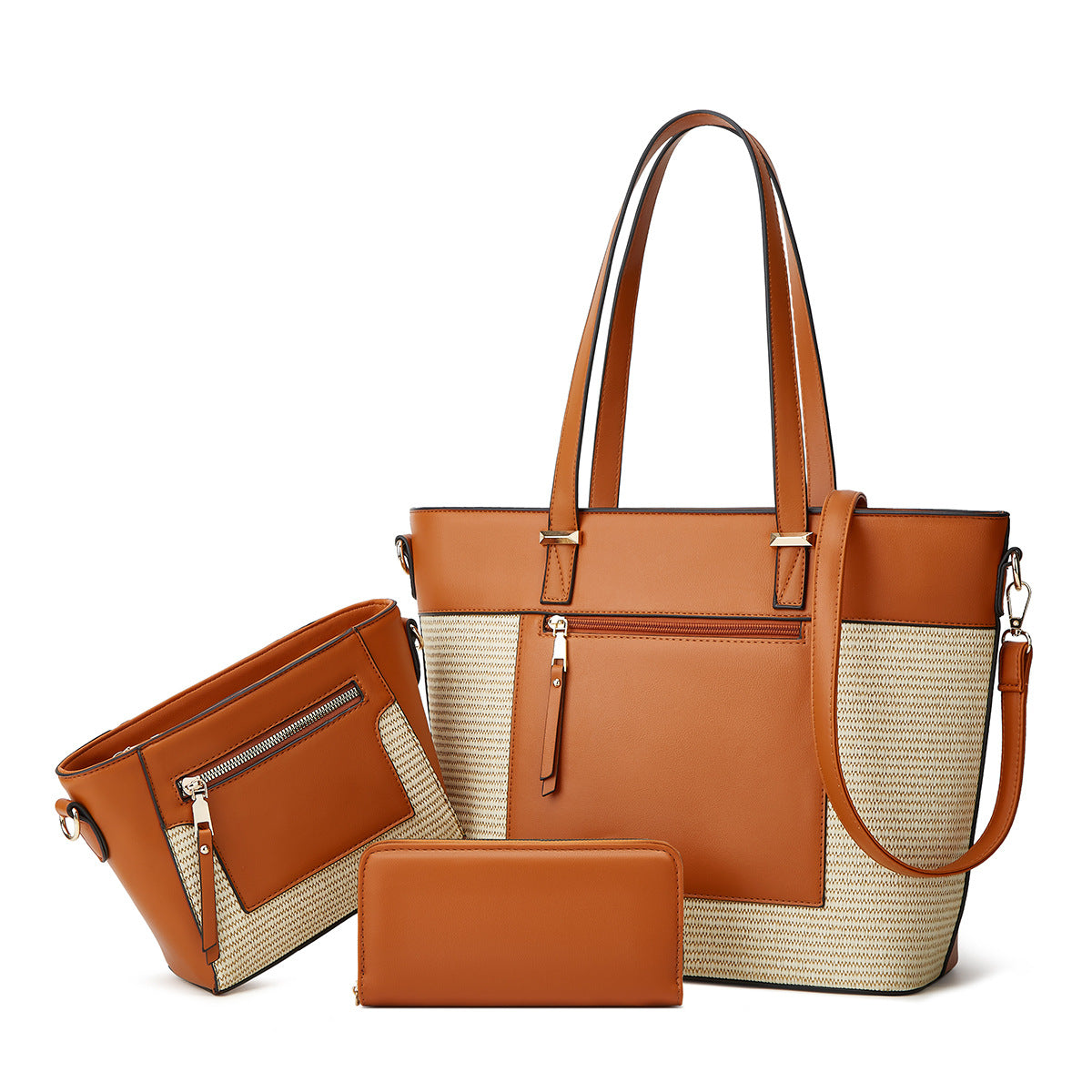 Straw Woven Three-Piece Tote and Messenger Bag Set