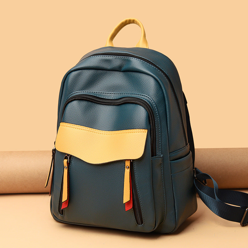 Contrast Color Soft Leather Travel Backpack