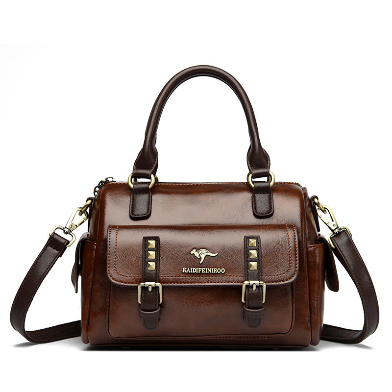 Rebel Stud Waxed Leather Boston Handbag