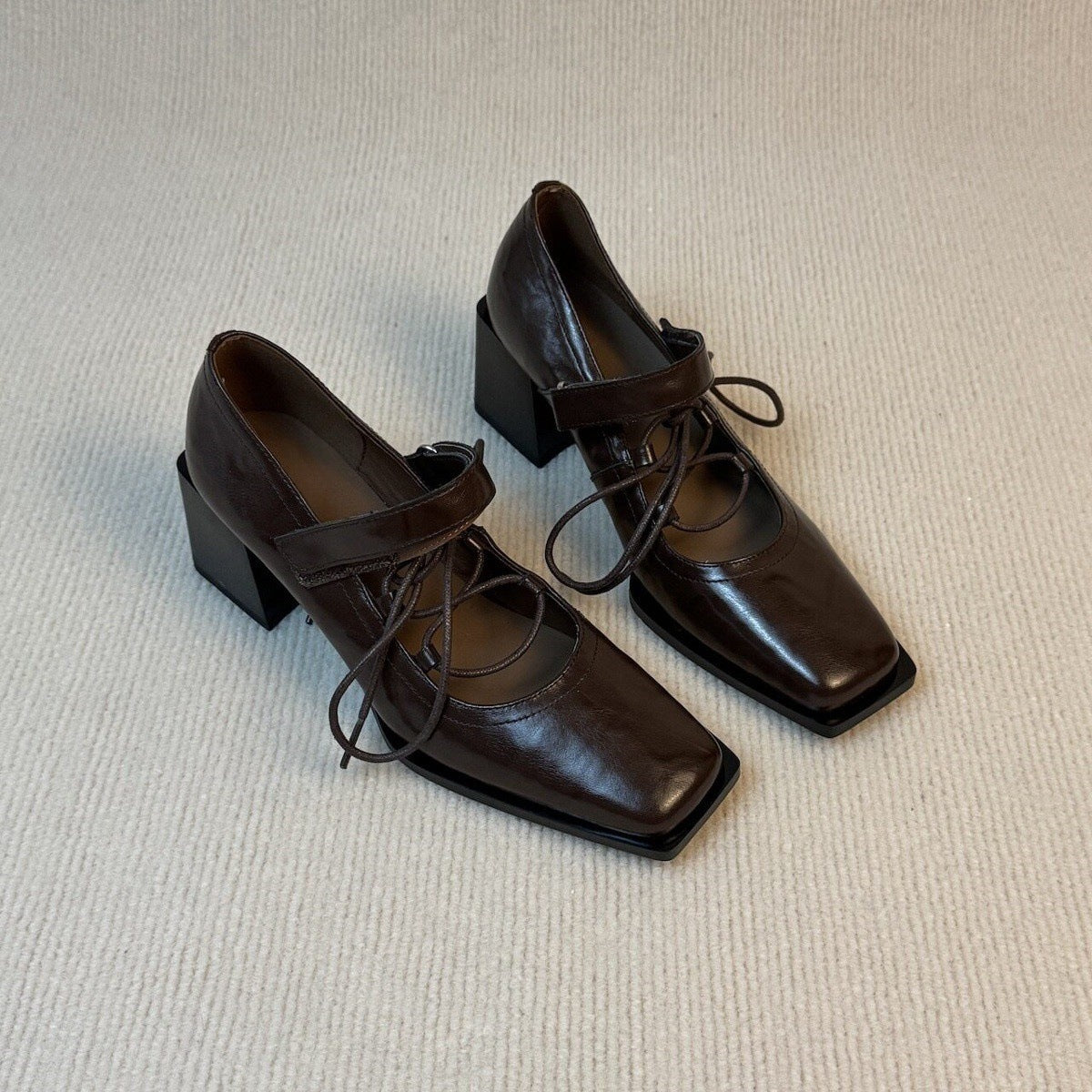 Noir Lace-Up Block Heel Pumps