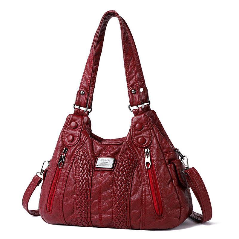 Washed Leather Street Style Mom Shoulder Bag