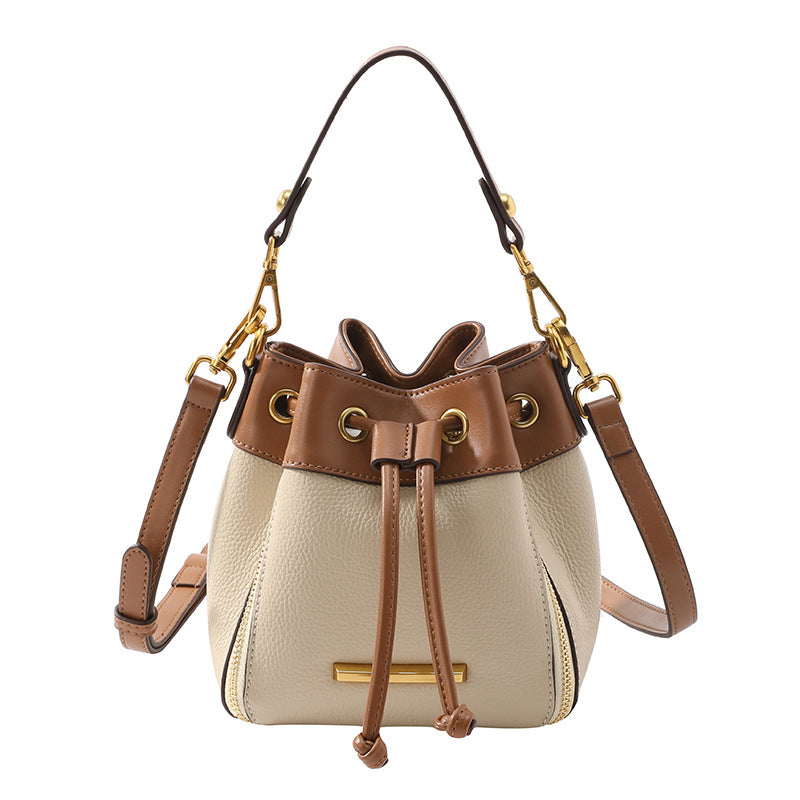 Color-Block Drawstring PU Leather Bucket Crossbody Bag