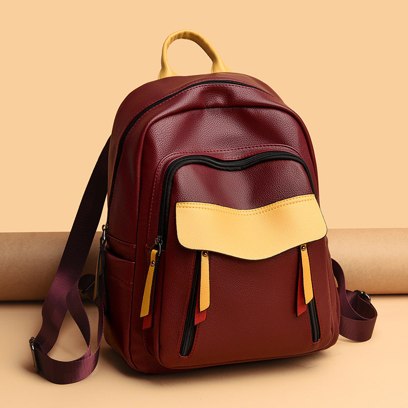 Contrast Color Soft Leather Travel Backpack