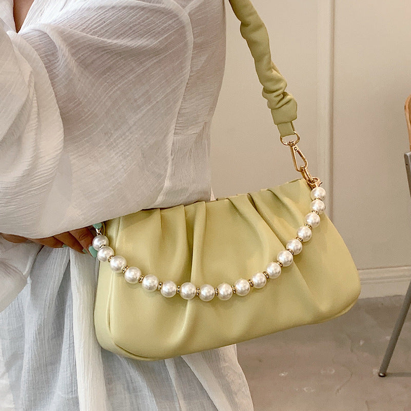 Wrinkled Cloud Bag with Pearl Chain Shoulder Strap