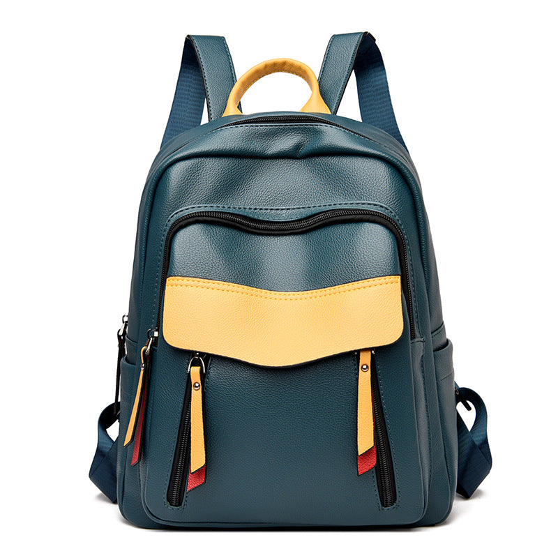 Contrast Color Soft Leather Travel Backpack