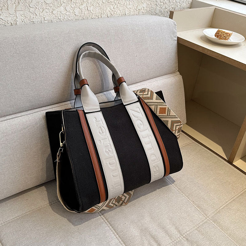 Trendy Canvas Contrast Large Capacity Commuter Tote