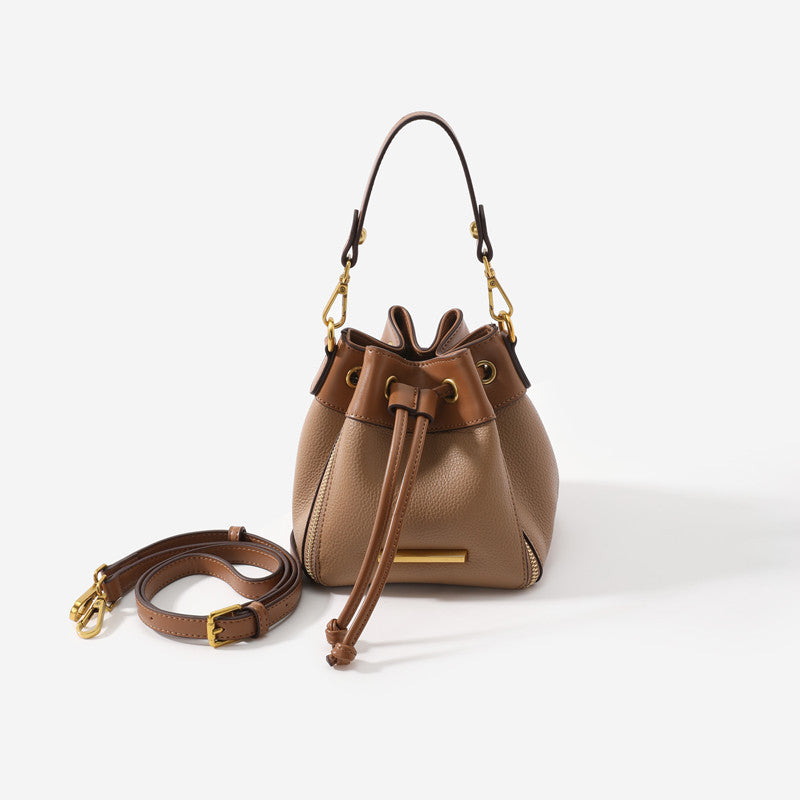 Color-Block Drawstring PU Leather Bucket Crossbody Bag