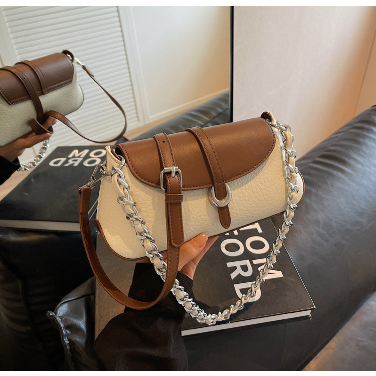 French Niche Chain Underarm Contrast Baguette Bag