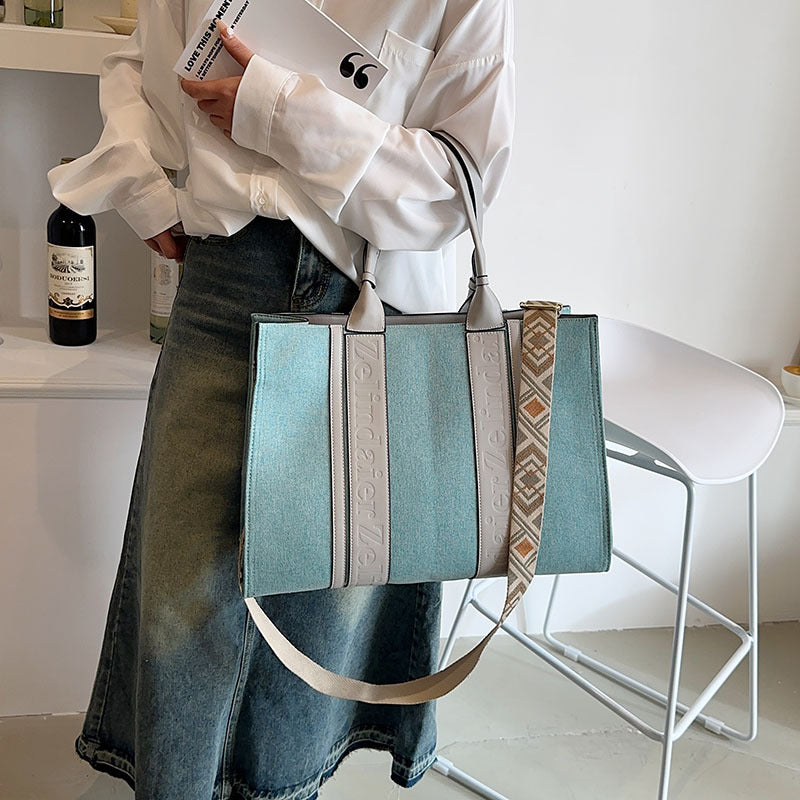 Trendy Canvas Contrast Large Capacity Commuter Tote