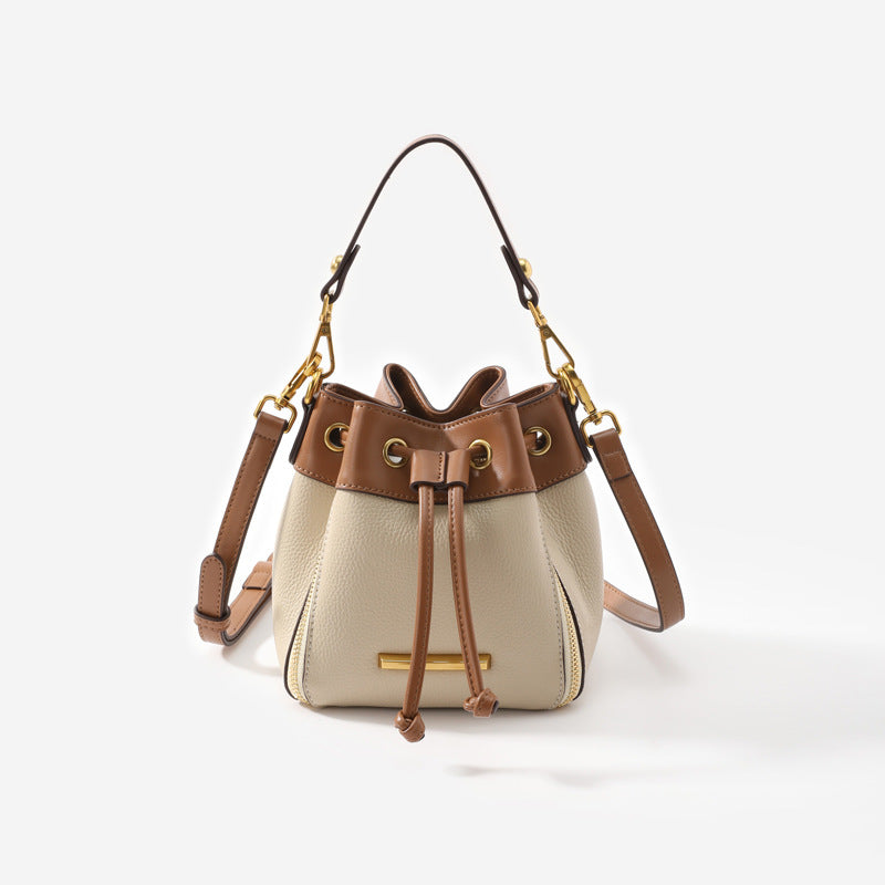 Color-Block Drawstring PU Leather Bucket Crossbody Bag