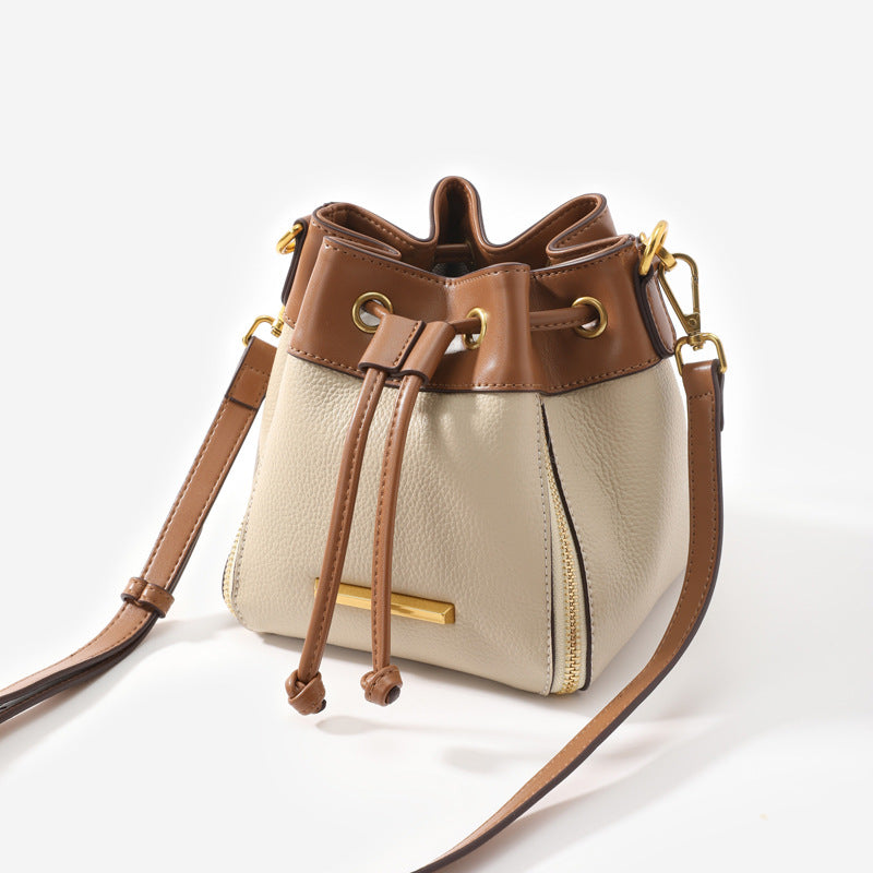 Color-Block Drawstring PU Leather Bucket Crossbody Bag