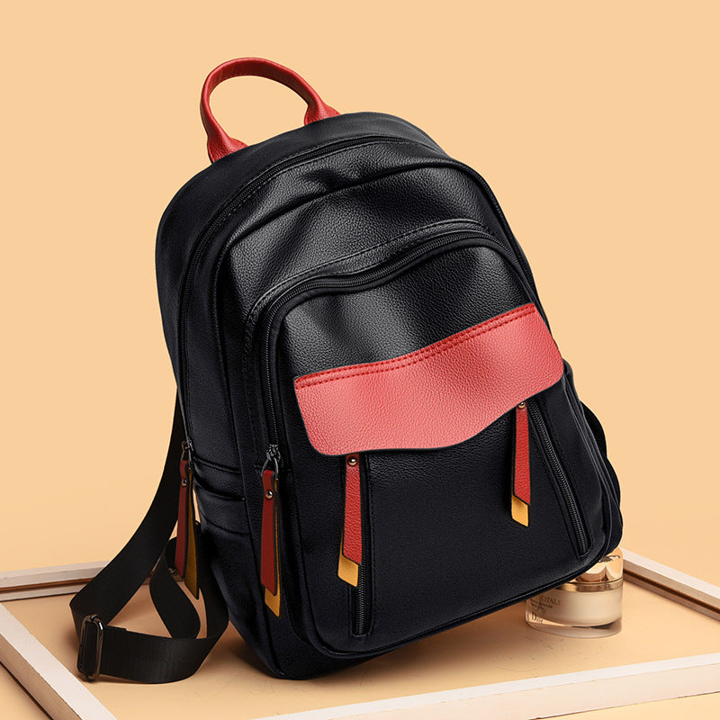 Contrast Color Soft Leather Travel Backpack