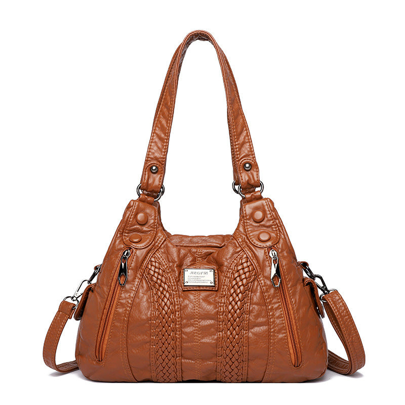 Washed Leather Street Style Mom Shoulder Bag