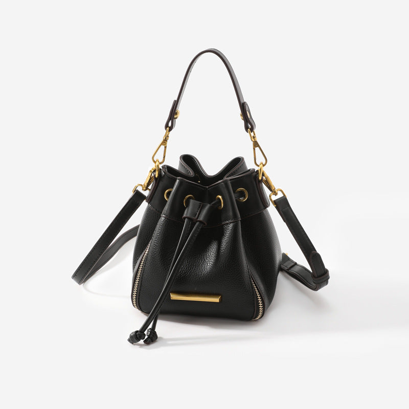 Color-Block Drawstring PU Leather Bucket Crossbody Bag