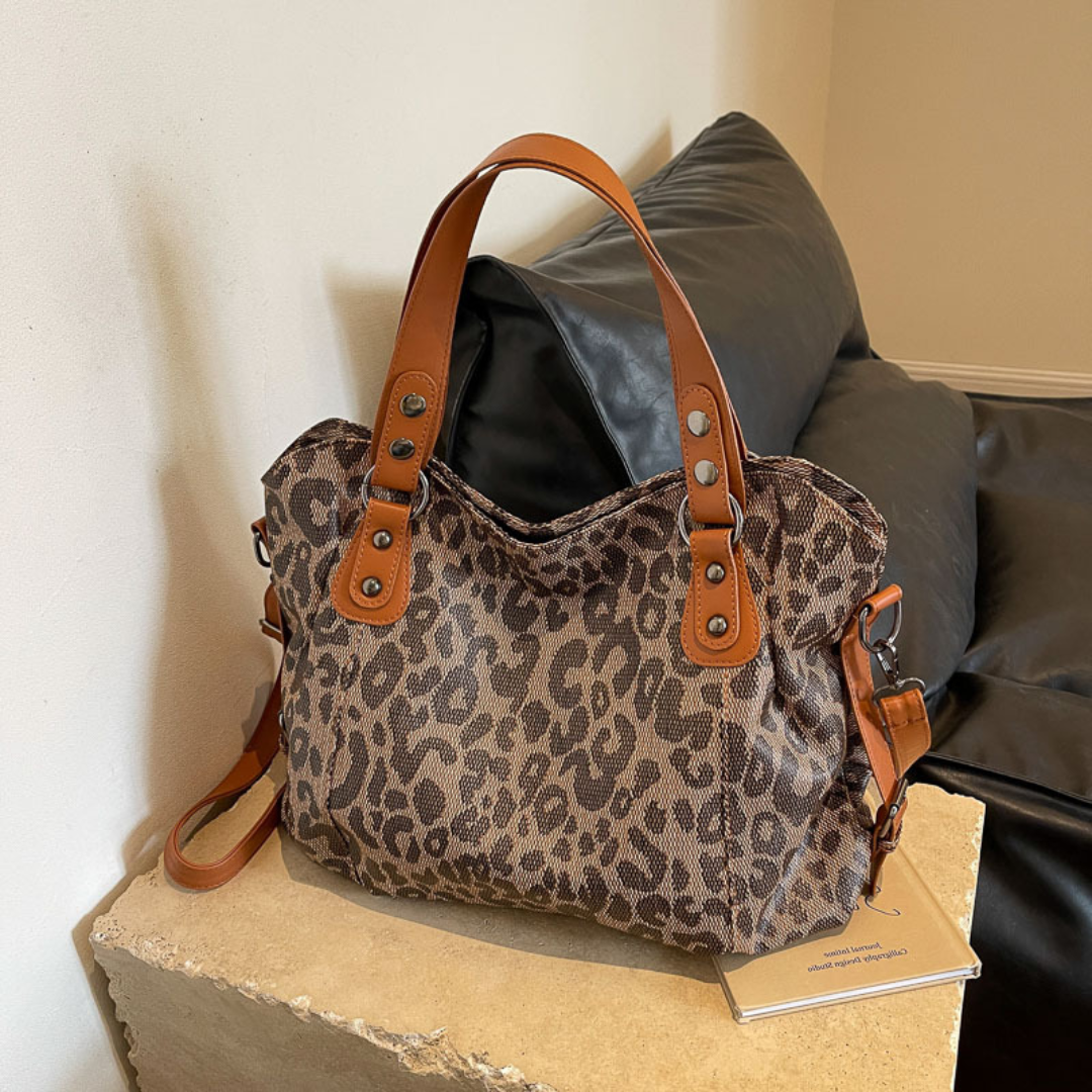Leopard Print Contrast Large Winter Tote Bag