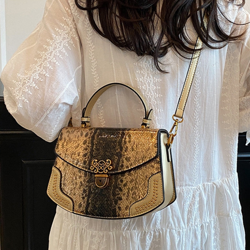 Luxe Snake Embossed Ornate Buckle Handbag