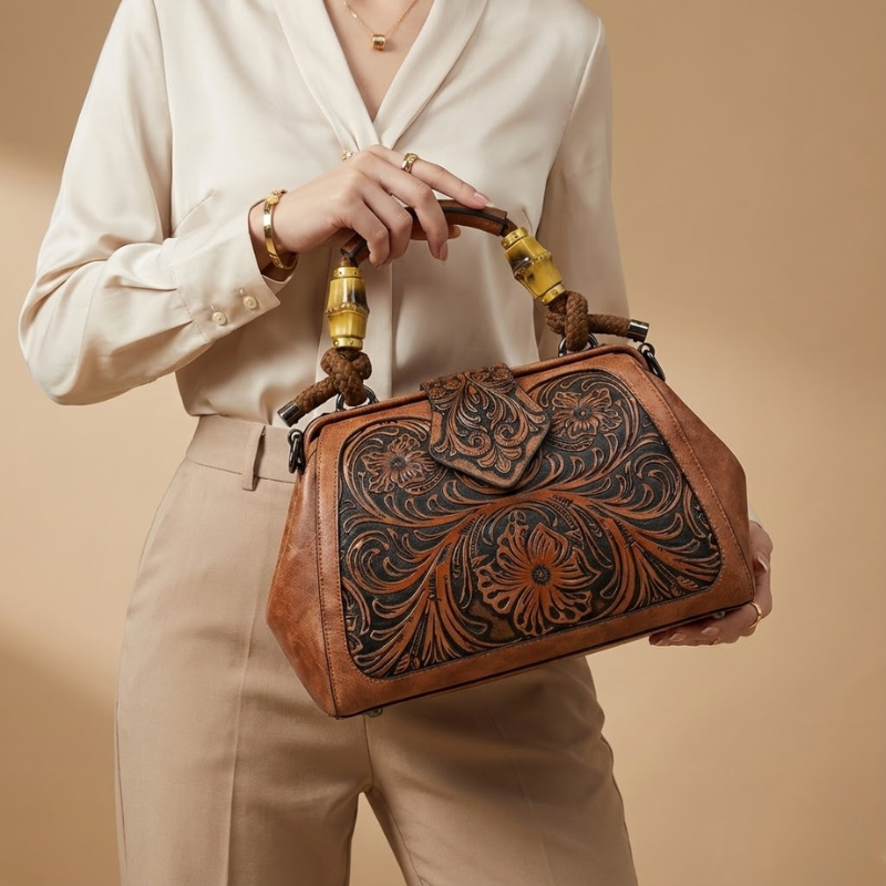 Color Block Wooden Handle Handbag