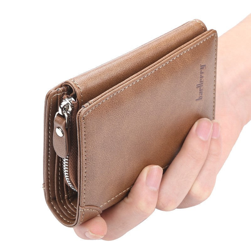 Men’s Tri Fold Leather Wallet with Zipper And Card Slots