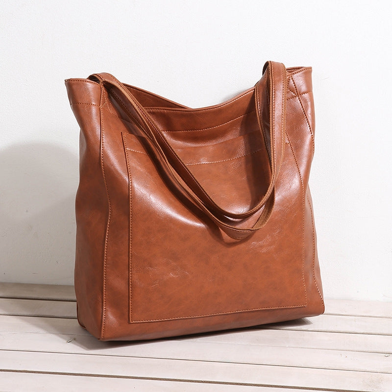 Women's Sculpted Leather Tote with Front Pocket