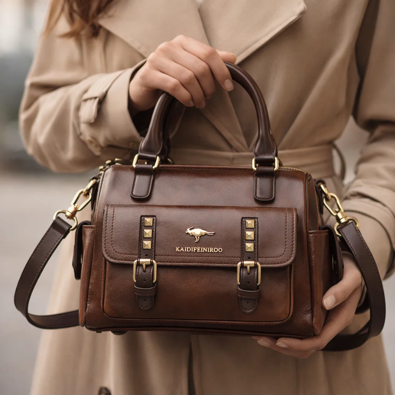 Rebel Stud Waxed Leather Boston Handbag