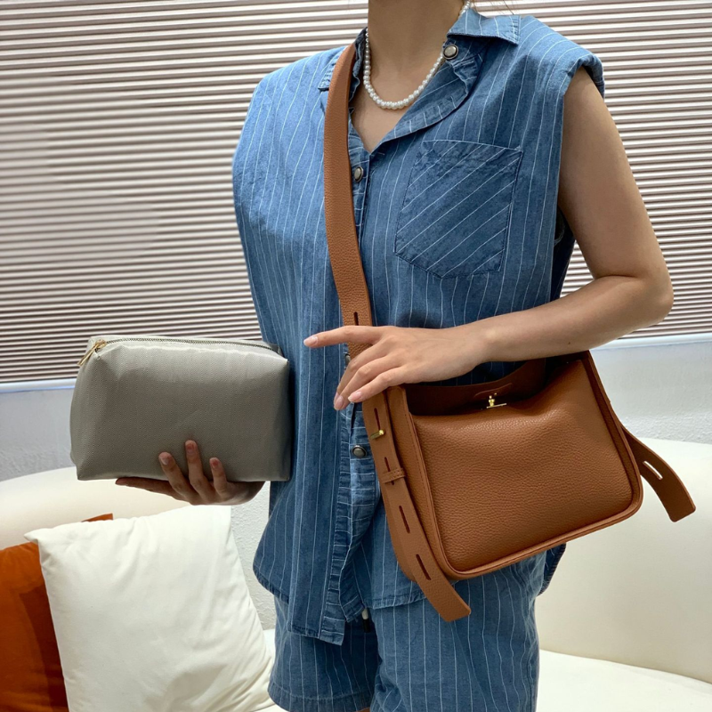 Lychee Textured Wide Strap Bucket Shoulder Bag