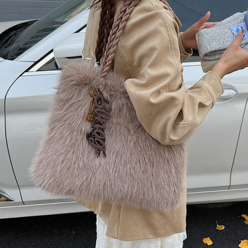 Women's Luxury Shaggy Faux-Fur Statement Tote Bag