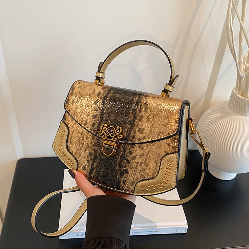 Luxe Snake Embossed Ornate Buckle Handbag