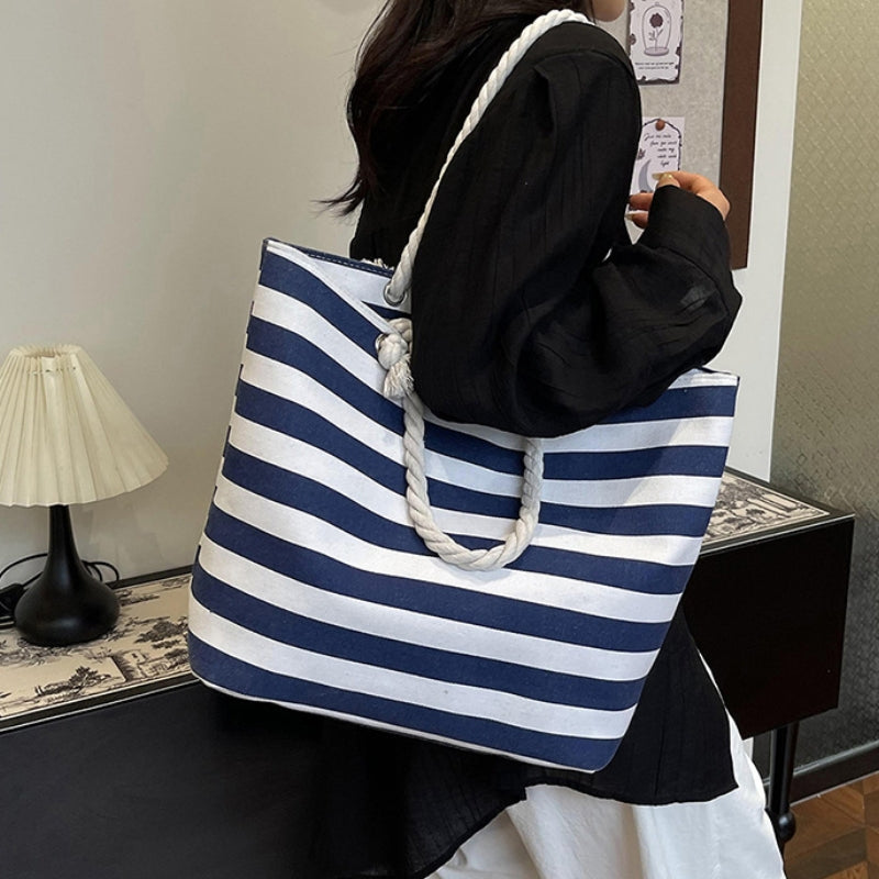 Women's Classic Striped Canvas Rope Handle Tote Bag