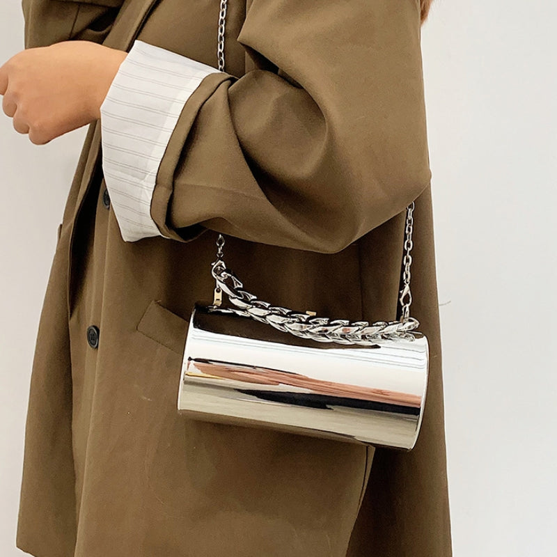 Modern Cylindrical Hard Shell Clutch with Dual Chain Options