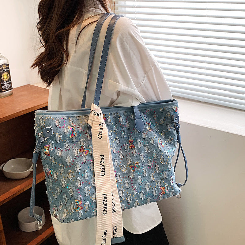 Denim Sequins Embroidered Tote Bag