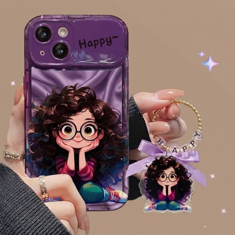 Frizzy Glasses Girl Pendant Flip Mirror Phone Case