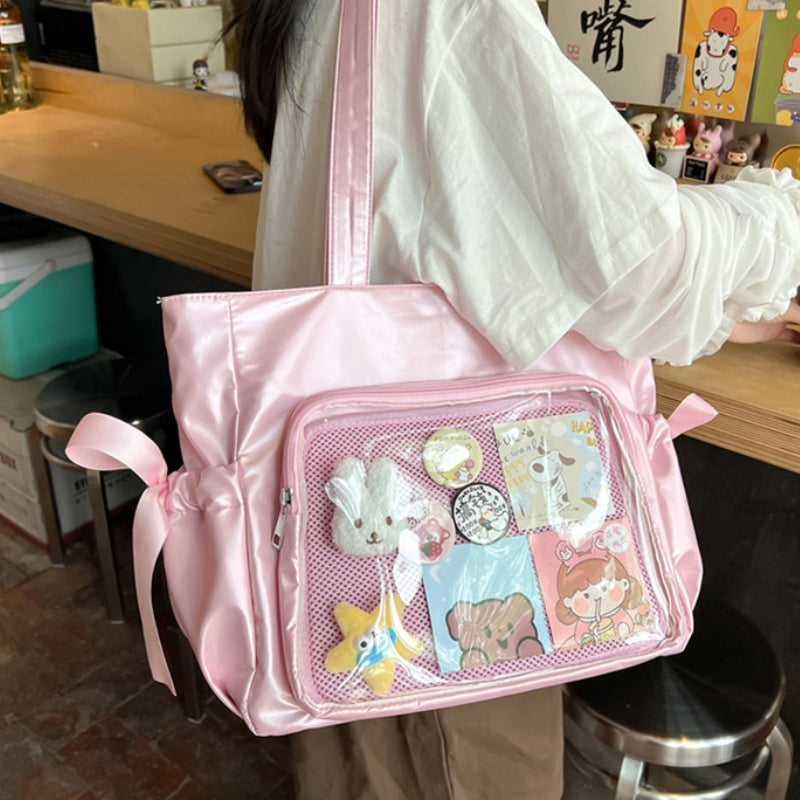 Ballet Style Ribbon Bow Large Reversible Shoulder Bag for Women