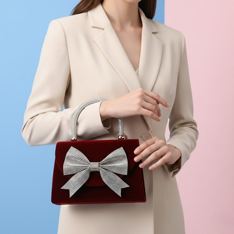 Elegant Velvet Handbag with Oversized Crystal Bow